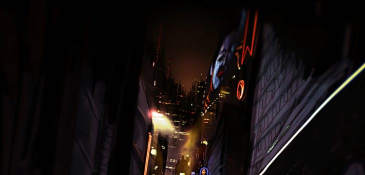 A film noir city, a man with a brown trench coat walking down an alley towards a city filled with neon lights and bustling activity
