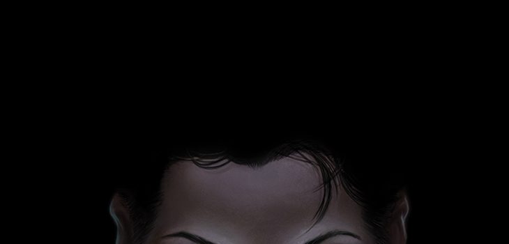 A male face, tilted downward, blood dripping from his lower lip, eyes luminous green in the darkness