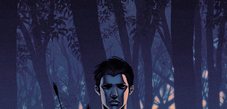 An illustration of a nude man standing in a foggy forest. He looks upset, and he is holding a limp, bloodied black wolf in his arms, riddled by arrows