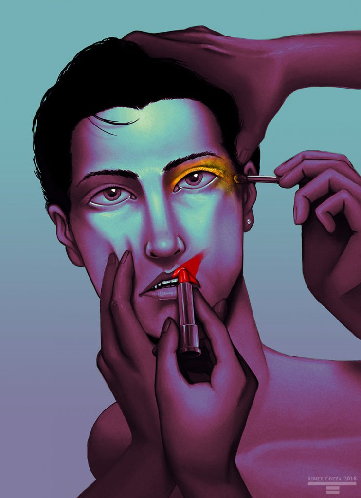 A colorful portrait of a man looking into the camera while various hands are applying makeup to his face. One hand is holding his cheek and chin firmly as another hand applies smeared red lipstick, while another hand grabs the top of his head, and yet another hand applies yellow eyeshadow messily