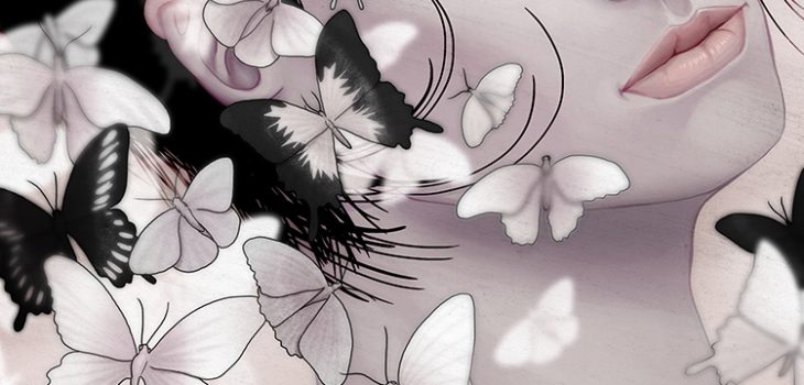 An oblique 3/4 portrait of a pale man. He has a shimmering animalistic flash in his eyes. His black hair is swaying in the wind. In the forefront are various black and white moths and butterflies fluttering into view.