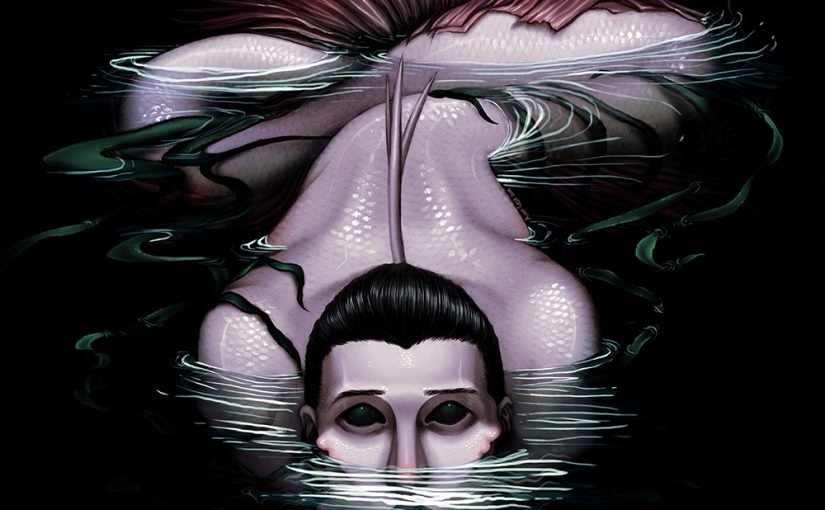 A pale pinkish wet slick-looking male fish creature sits half in and half out of dark, murky water. The fish-man is looking up to the viewer with all black eyes as if he is helpless or needs help. He appears to be loosely covered in seaweed, but looks to have a long body and tail though much of it is hidden under the dark water, attempting to lure the viewer to assist him.