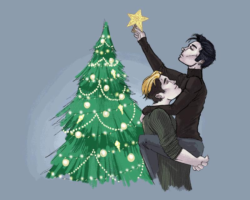 A man lifting up another man so he can put a star on the top of a Christmas tree