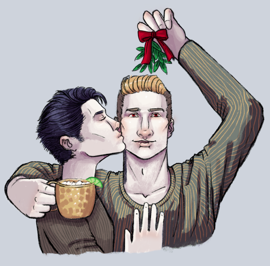 A man kissing another man on the cheek, while one holds a sprig of mistletoe overhead.