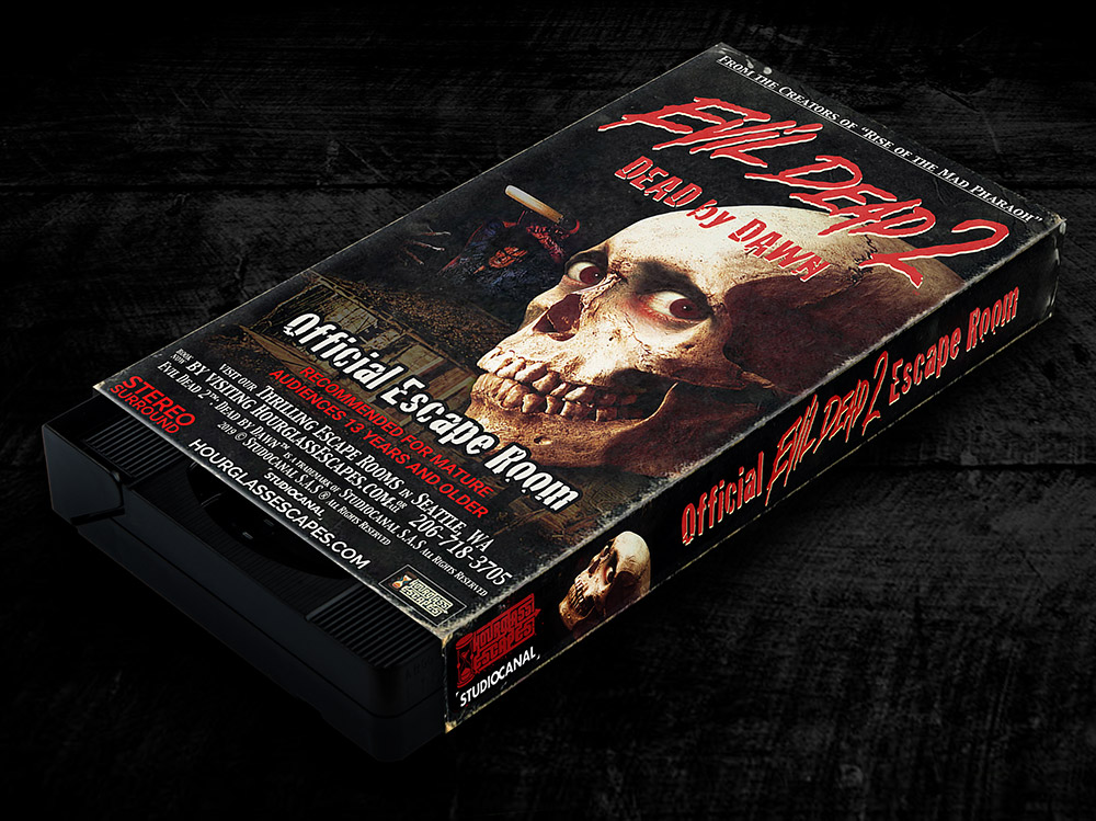 A mockup of a VHS tape with a fake Evil Dead 2â„¢ promotional cover