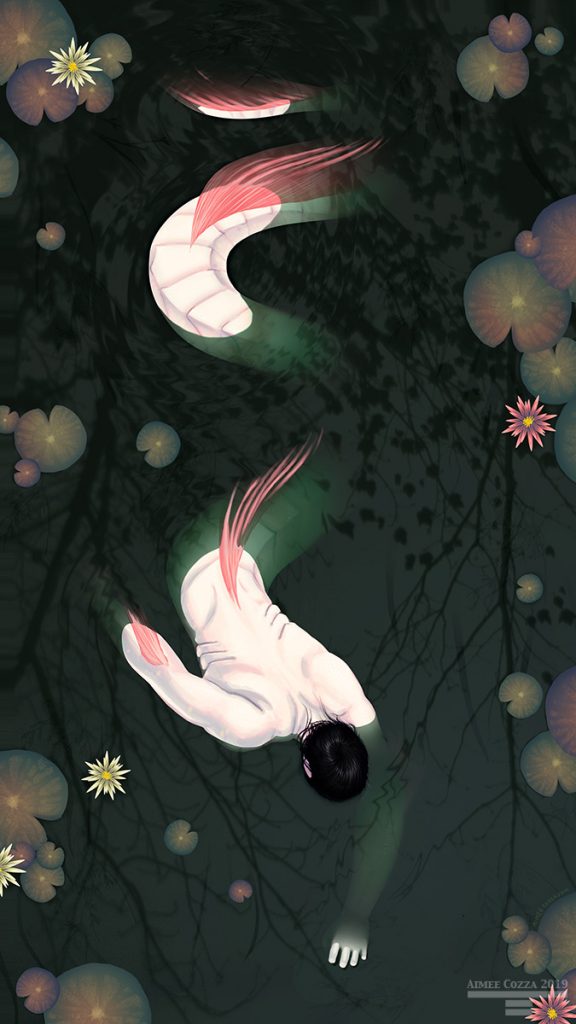 A pale serpent-like man creature slithering in and out of murky dark green water. There are lily pads and lilies dotting along the surface of the water. The sky is reflected on the surface of the water.