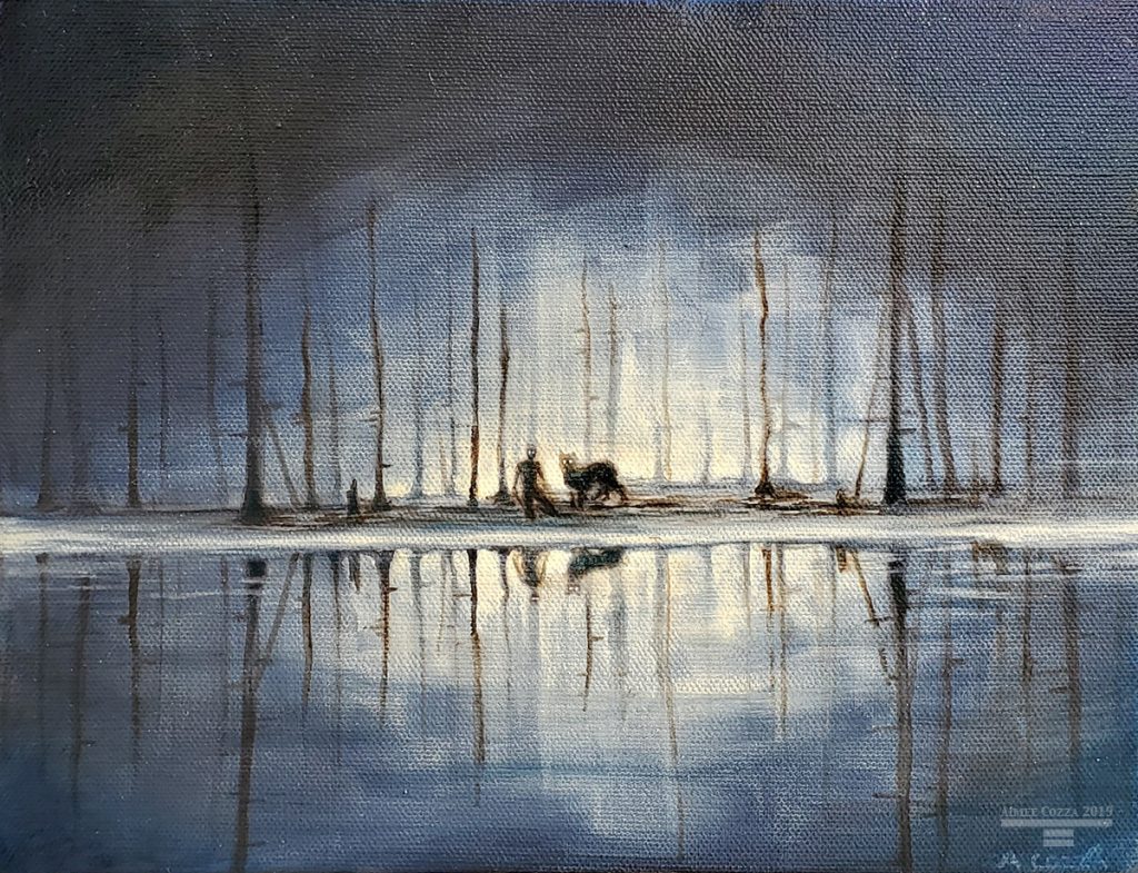 A scene of a silhouetted crouching man and a wolf-like creature with glowing eyes by the edge of highlight reflective water in a burnt up forest.