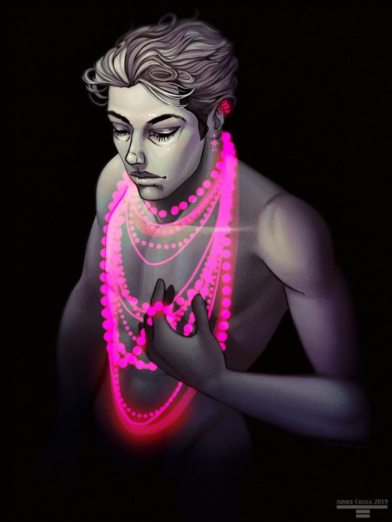 Looking down at an angle at a nude male body. He is monochrome, but he is wearing and toying with his left hand neon pink strands of jewelry.