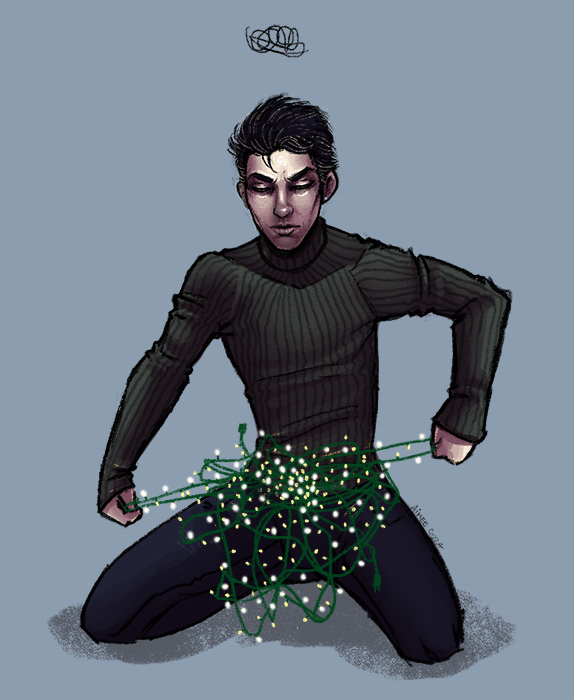 A man untangling a twisted up set of lights.
