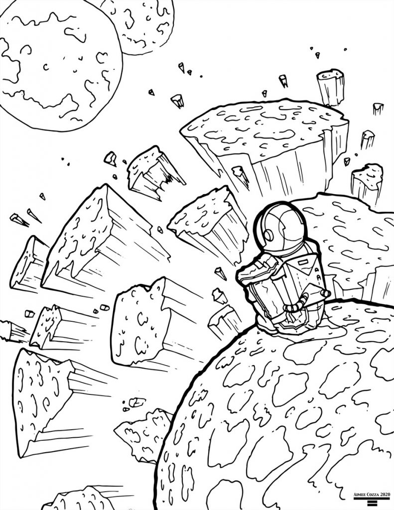 Black and white lineart of an astronaut sitting on a planet while another planet explodes in the background
