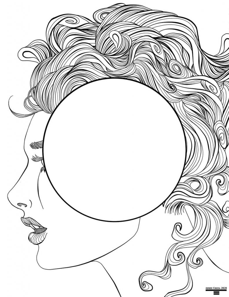 Black and white lineart of a profile of a woman with curly hair