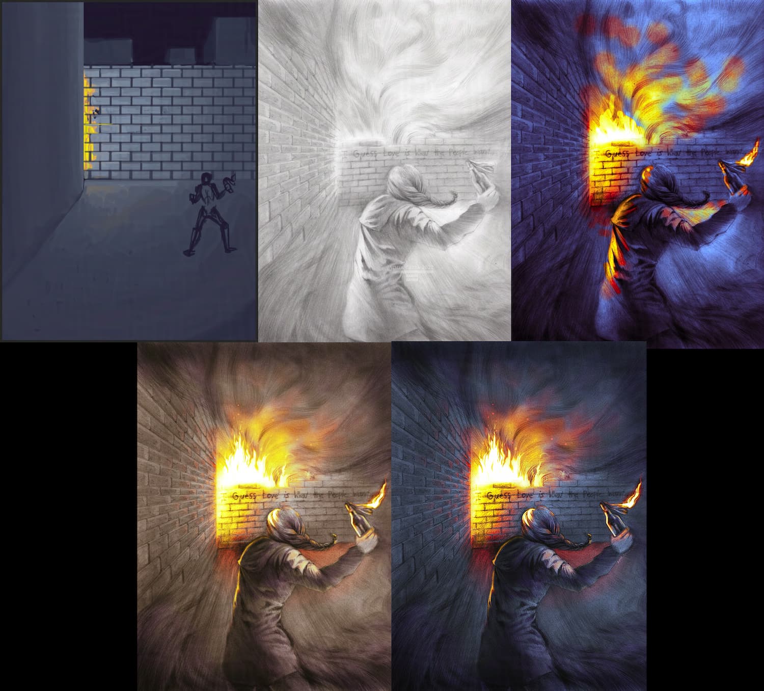Multiple images of a drawing in progress. A dark night drawing of a woman throwing a molotov cocktail. Her back and right (throwing arm) are facing us, where her braided hair is swaying to the right. To the left of her is a brick wall, and in front of her is a brick wall with graffiti on it that reads "I guess love is what the people want..." Fire and smoke rages to the left of the wall (only visible from the glowing fire colors cast on the graffitied wall), and fire and smoke climbs from behind the wall