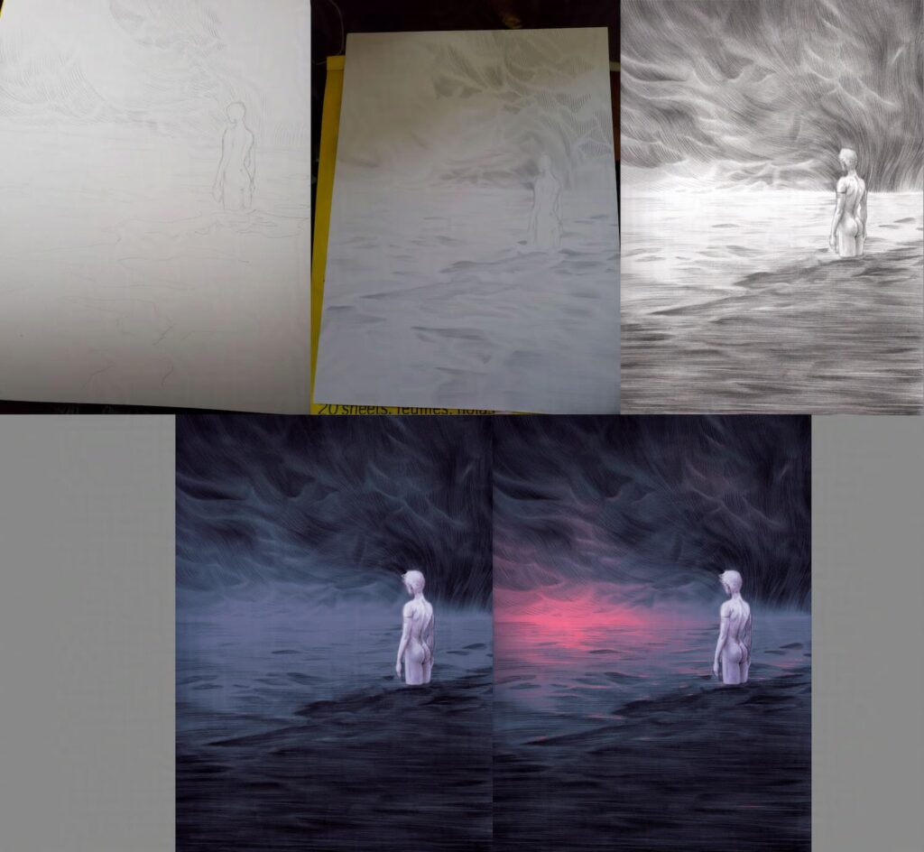 Multiple images showing the in progress of "Dark Waters". A pale, thin man with platinum blonde hair standing nude up to his thighs in the ocean at night. He is to the right side of the drawing, his backside facing us. He is looking off to the horizon, which is lit by red-pink light. Storm clouds roll in from the center to the upper right.