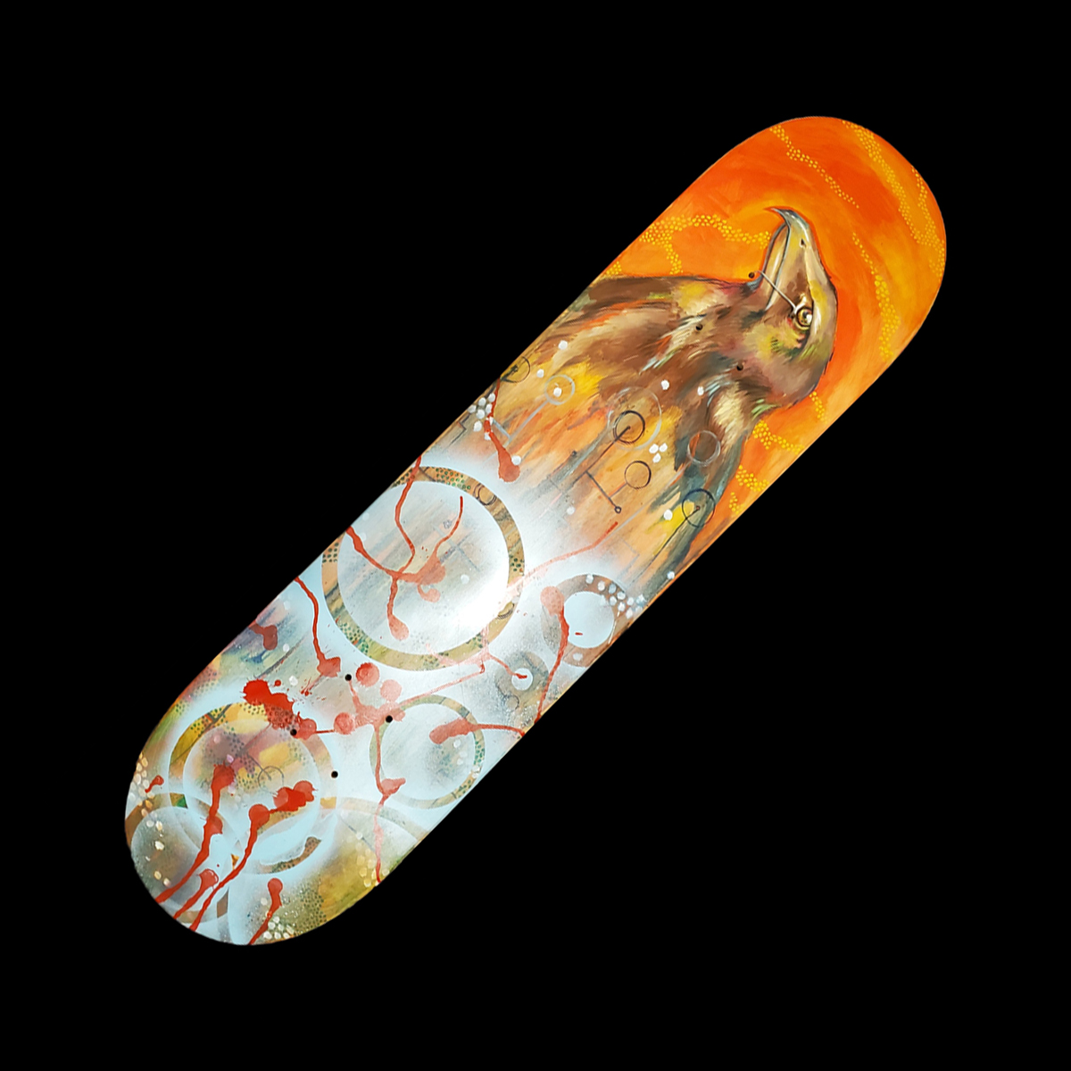 A skateboard deck with a brown hawk painted on it, as well as abstractions