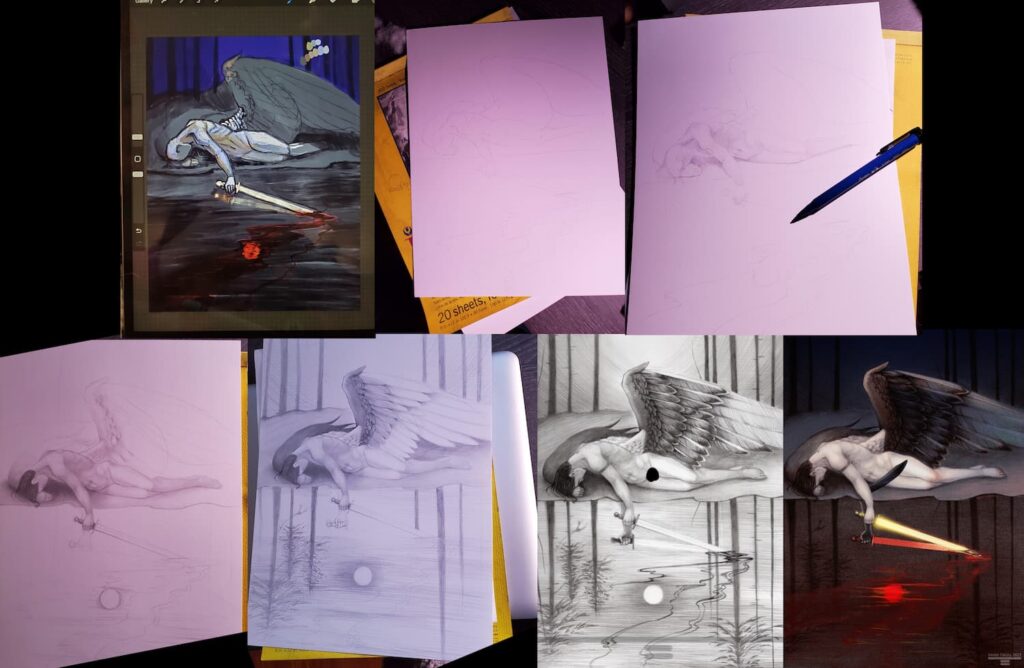 Multiple in progress images from a color comp to sketch to final work. A naked man lying waterside with his face turned down into his arm in anguish/lament. He is pale, with a large set of black and white wings. He is holding a glowing sword in one arm outstretched over the water. The tip is dipping into the water and blood red is coming off of the sword into the water. A bright red blood moon is reflected in the water.