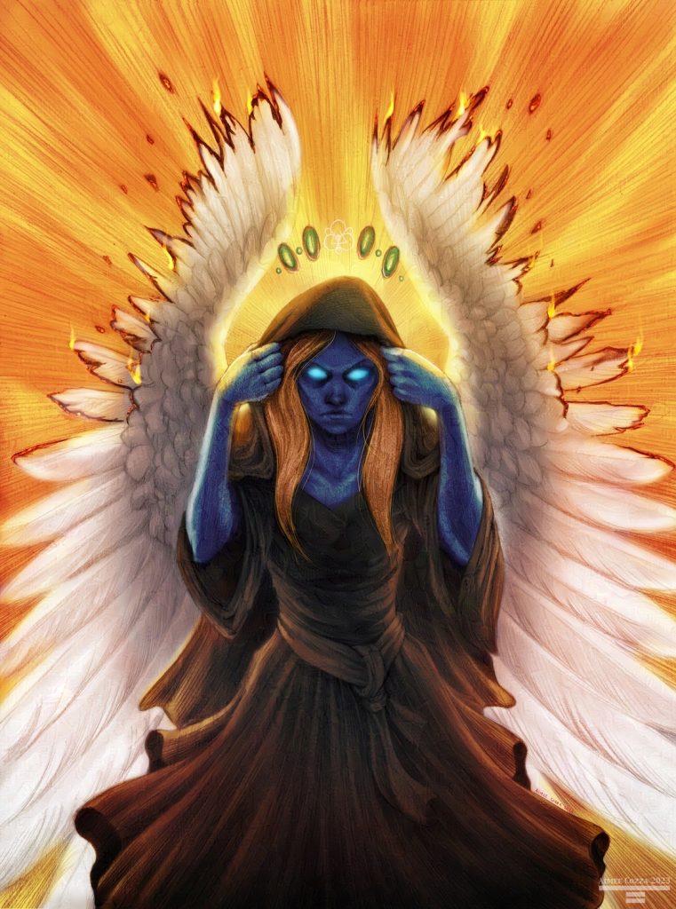 A blue skinned woman wearing a dark brown robe. She is looking at the viewer with glowing blue eyes and removing her hood to reveal orange hair. She has white angel wings flared up behind her that are burning from the tips.