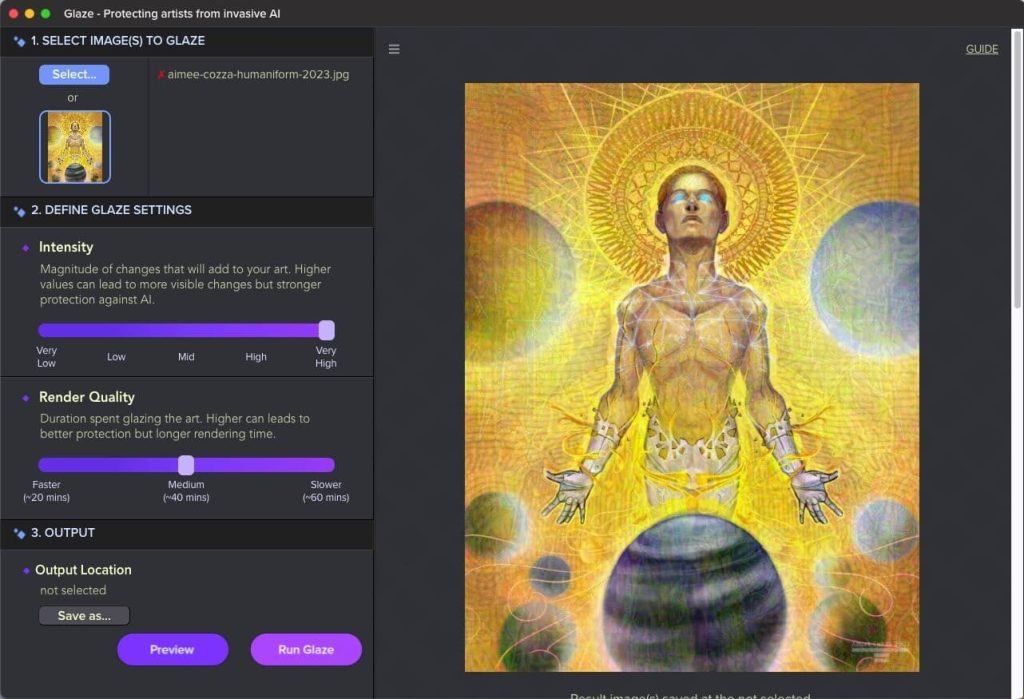 Glaze application interface with intensity and render quality sliders in purple, along with preview and run glaze. Preview of the image is on the right.