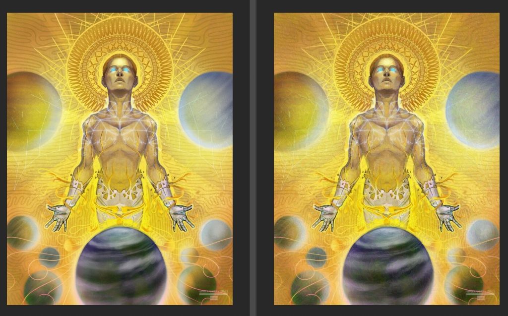 Side by side of a yellow image of a man with arms outstretched, looking to the sky. On the left is the unglazed image, and on the right is the glazed image.