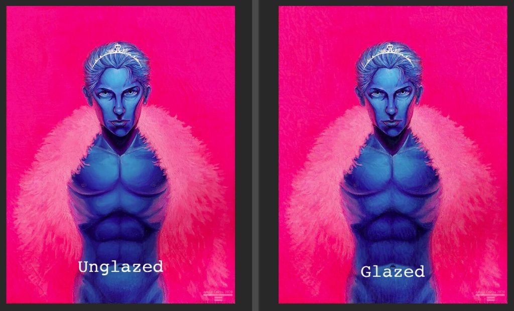 Side by side image of a blue and purple skinned male looking at you. The background is bright pink, which is reflecting off his skin. He is wearing a large pink feather boa and a white swan tiara. The left is the unglazed version, and the right is the glazed version.