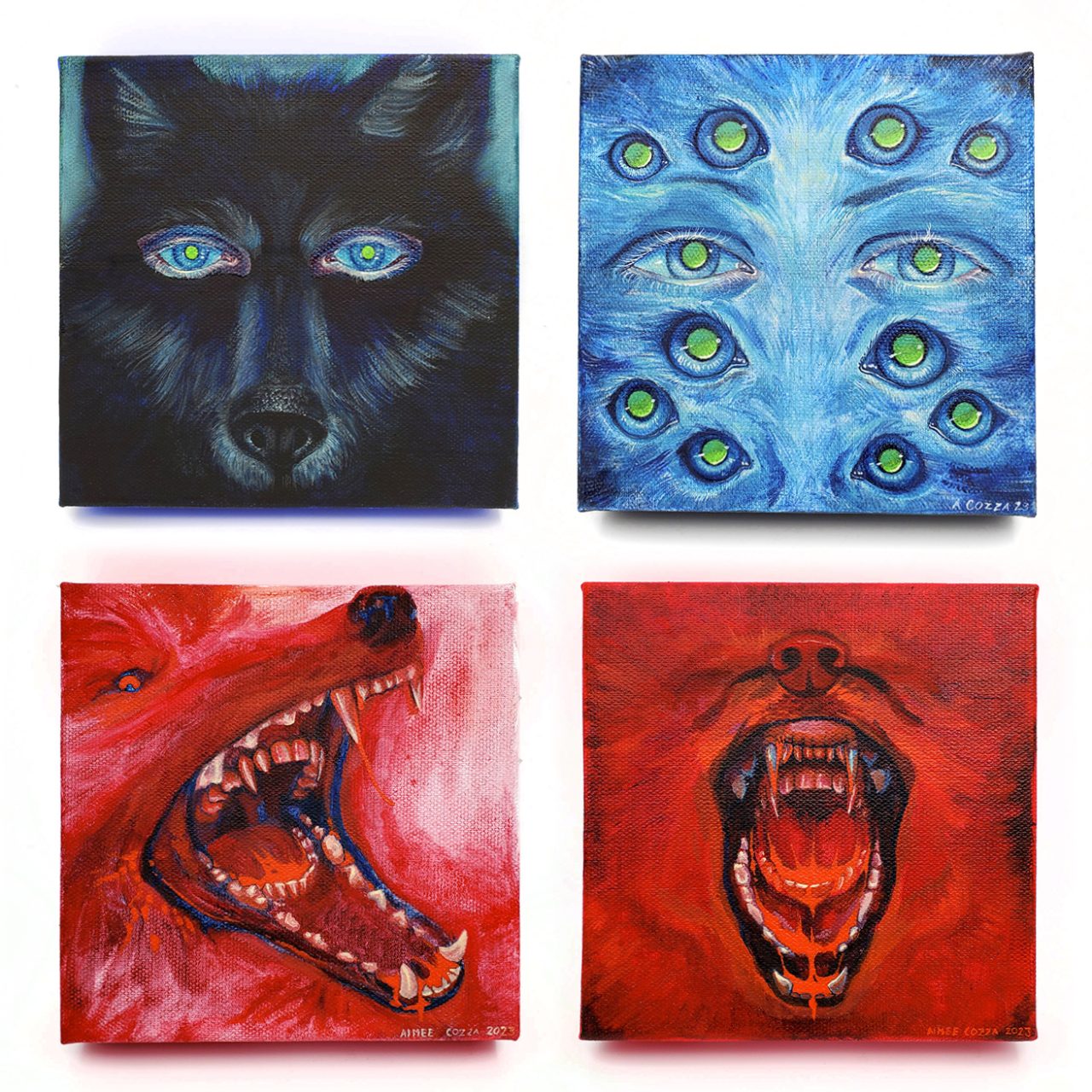 Four small square canvases with paintings on them. The first two are majority blue, while the last two are majority red. The first is of a wolf's face with human eyes and tapetum lucidum. The second is a man's face with wolf eyes embedded all over it, shining with tapetum lucidum. The second is a wolf's mouth, opened and showing teeth, with a set of human-esque teeth inside with sharpened canines, blood in both mouths. The fourth is the same with two mouths, but from a head-on angle.