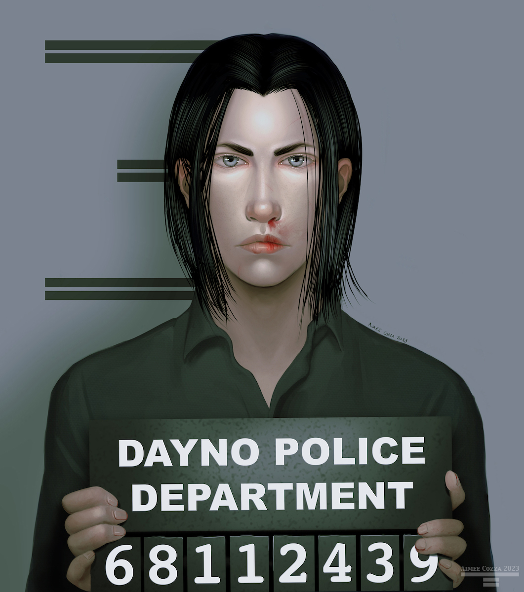 A pale man with long black hair having a mugshot taken, his nose bleeding.