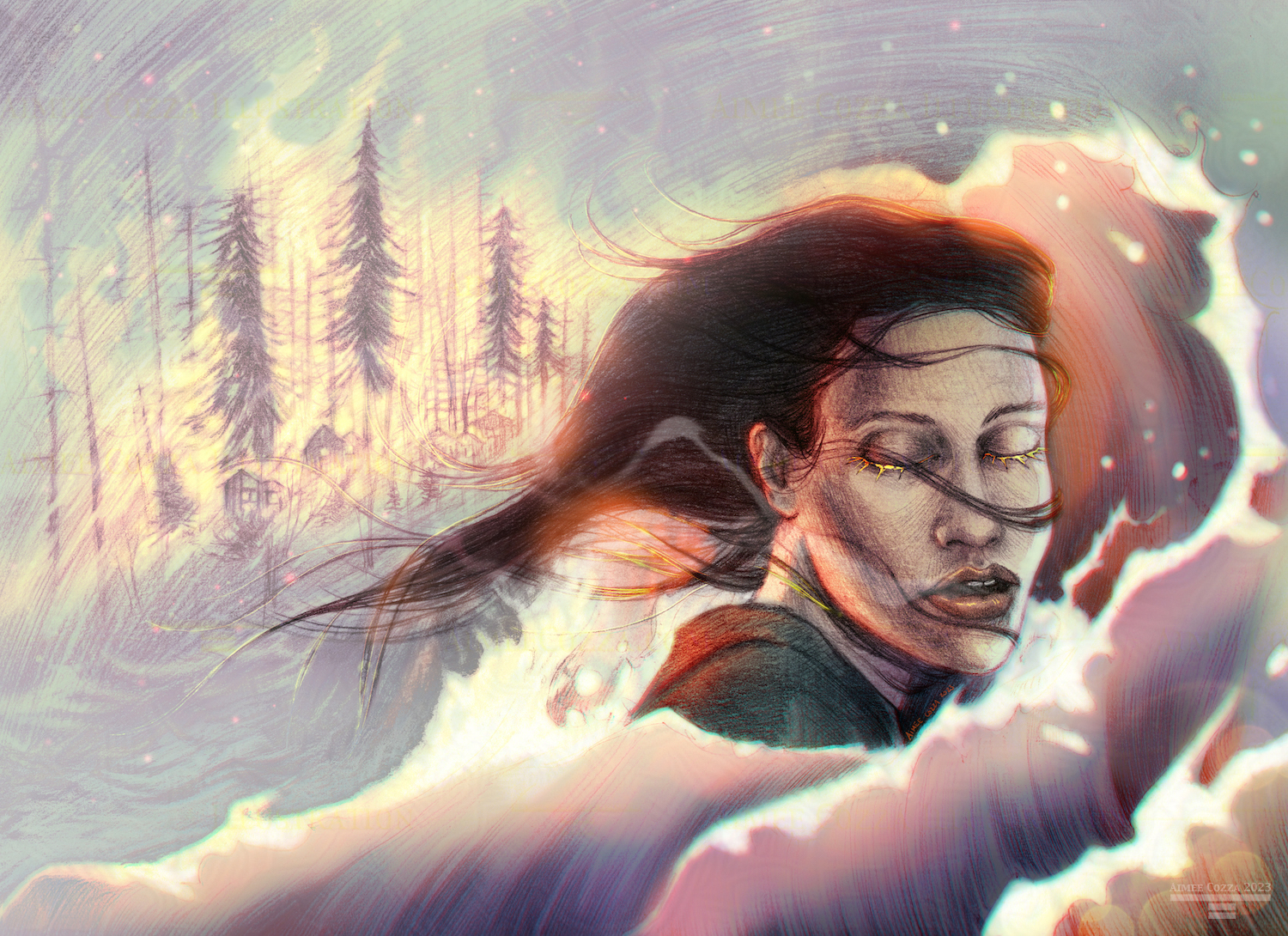 A woman's face turned 3/4 turn to the right, eyes closed, lips parted as she is moving into the waves of the ocean. Her hair whips back from wind over her face. In the background trees and houses are ablaze.