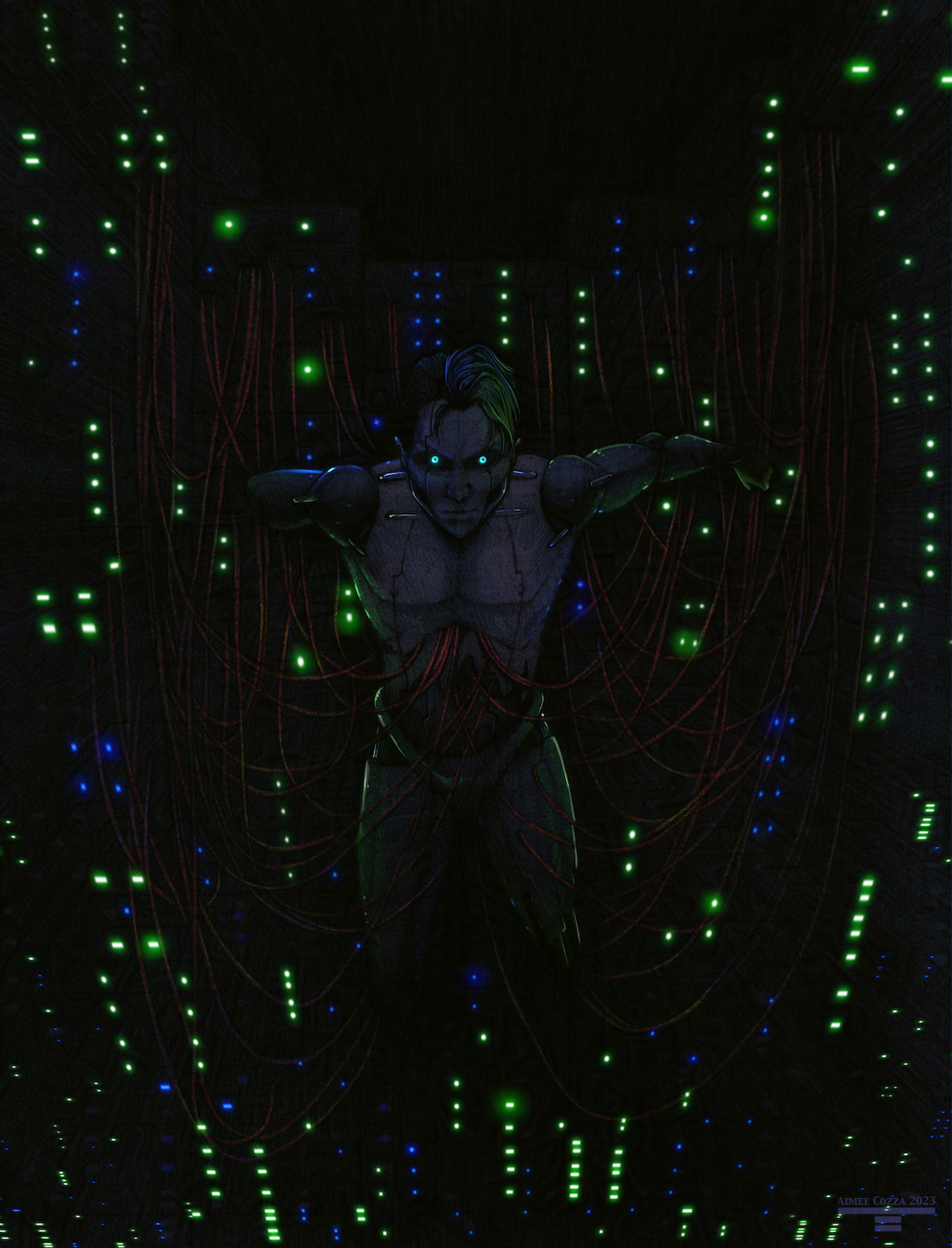 A drawing of a cyborg/android strung up amidst racks of computers/servers, gripping to various wires that are inserting into his body. It is very dark and on the reflections on his body and green/blue lights on the machines are visible, along with his light blue eyes.