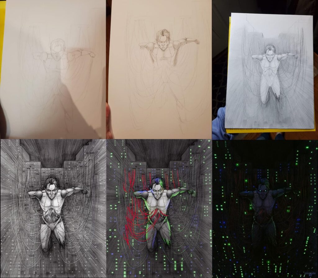 Multiple in progress images from sketch to completed work. A drawing of a cyborg/android strung up amidst racks of computers/servers, gripping to various wires that are inserting into his body. It is very dark and on the reflections on his body and green/blue lights on the machines are visible, along with his light blue eyes.