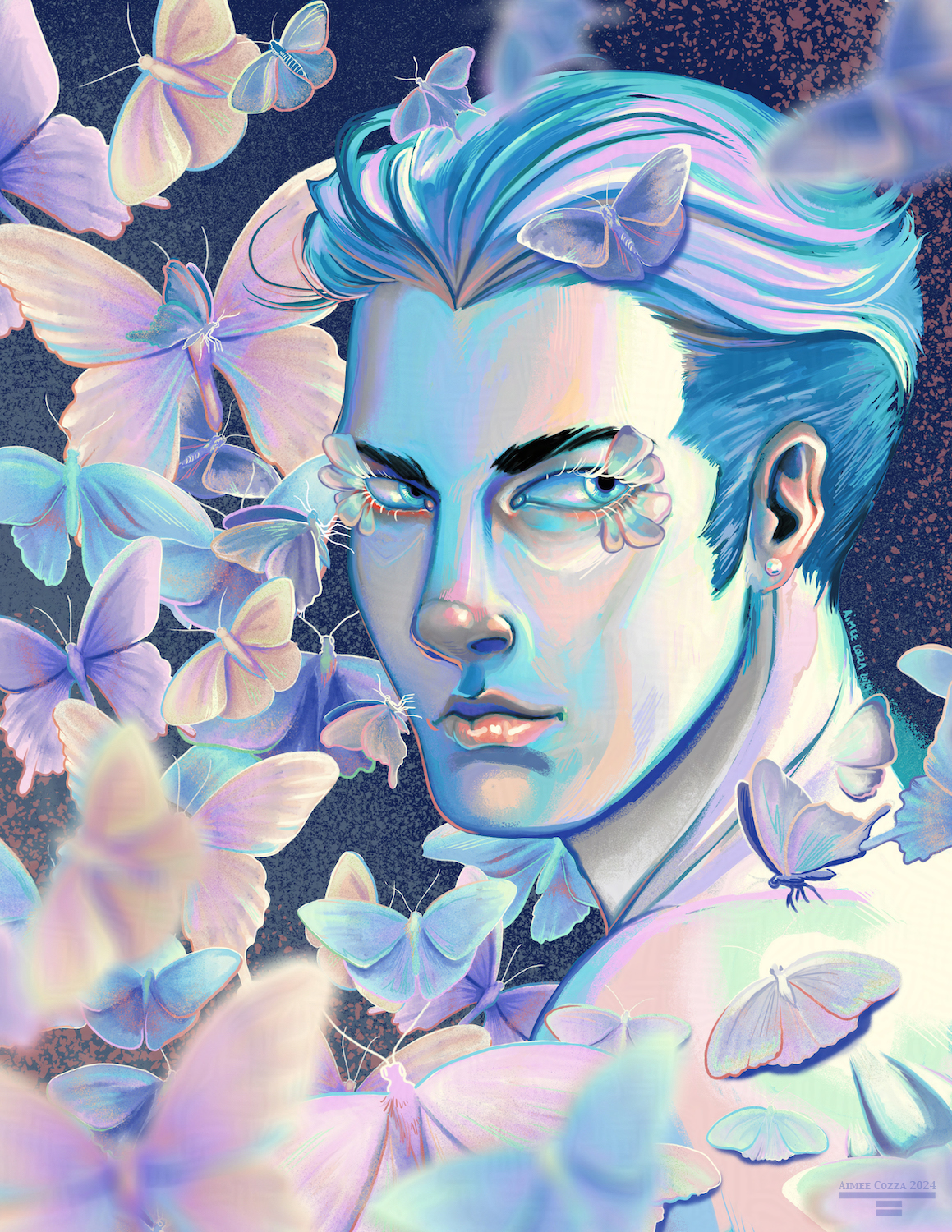 A multicolored portrait of a man made out of pastel colors. He is in 3/4 view and looking over his left shoulder at the viewer. He has moth wings attached to his eyelashes/eyelids, and moths are fluttering around him, with some landed on him.