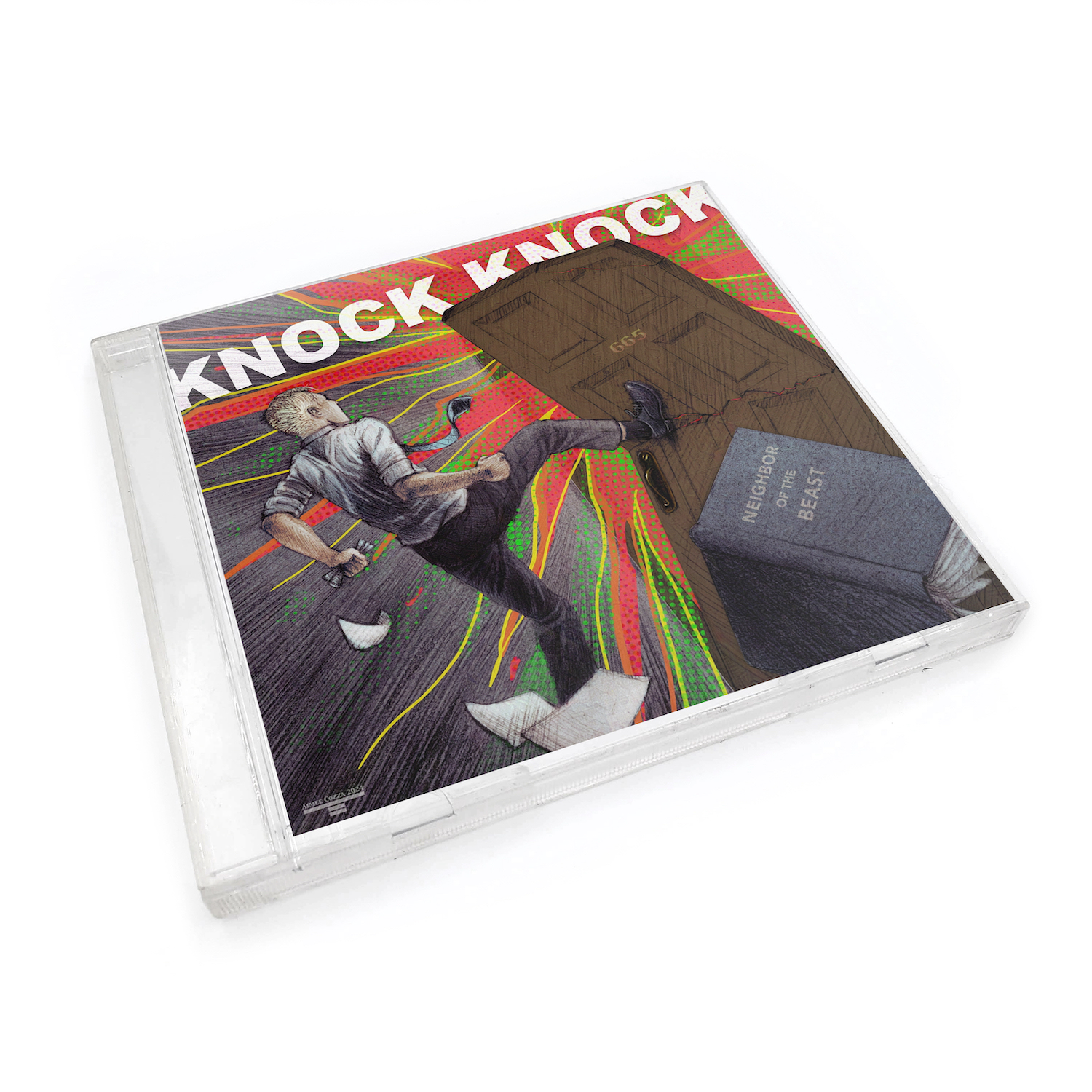 A CD jewel case with an illustration of a man in a white longsleeve shirt kicking down a door with the number 665 on it. A book is flying at the reader that reads "neighbor of the beast", and the words "knock knock" are laid across the top in white.