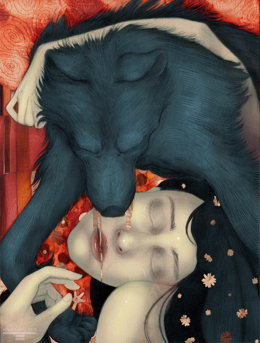 Similar to "The Kiss" by Gustav Klimt: A black wolf, from above, biting down on the cheek of a woman who is smiling very faintly, her eyes closed. She is bleeding copper leaf blood and is surrounded by flowers and various geometric shapes.