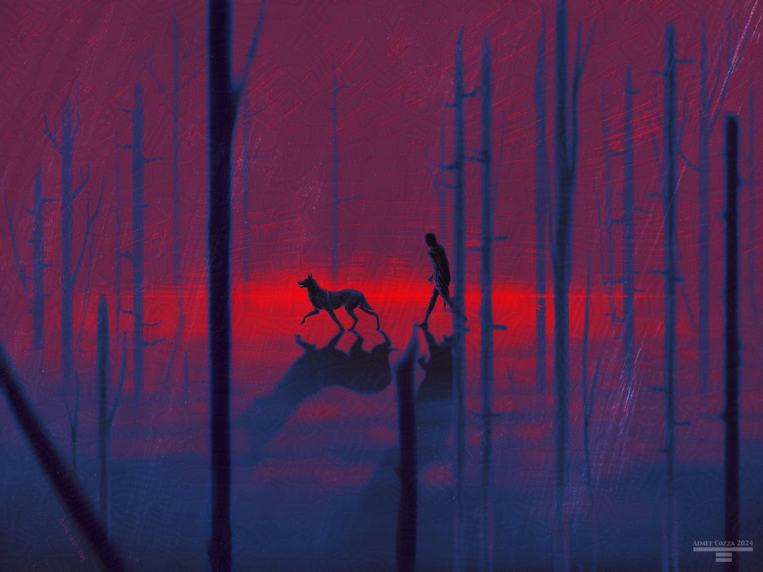 Two figured silhouetted walking through a decimated, burned up forest. The first figure is a canine-shaped dog or wolf, with the second being a cloaked, long-haired man. The fog rolls in around their feet in red and their shadows stretch towards the viewer.