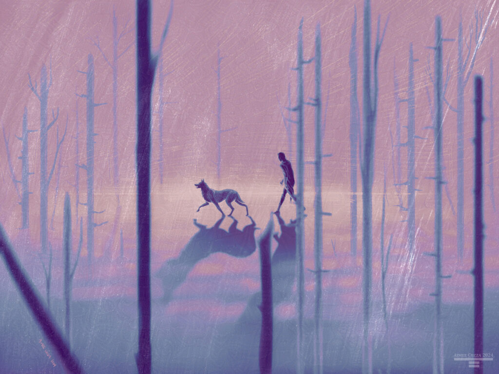 Two figured silhouetted walking through a decimated, burned up forest. The first figure is a canine-shaped dog or wolf, with the second being a cloaked, long-haired man. The fog rolls in around their feet in peach and their shadows stretch towards the viewer.