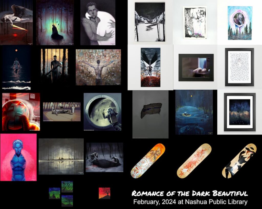 Romance of the Dark Beautiful Artwork collage of various works from the Romance of the Dark Beautiful exhibit February 2024 at Nashua Public Library.