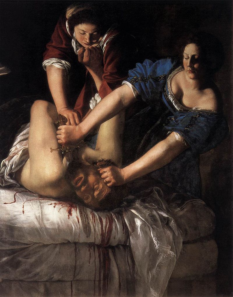 Judith Slaying Holofernes by Artemisia Gentileschi. It depicts Judith holding a man down by his hair on a bed while beheading him with a long blade. Another woman helps to hold the man down.