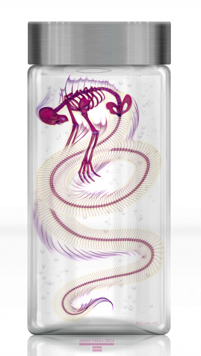 "Diaphonized Siren" by Aimee Cozza A digital drawing of a diaphonized specimen floating in a glass jar. The specimen is of a half humanoid looking skeleton with an eel-like fish tail.