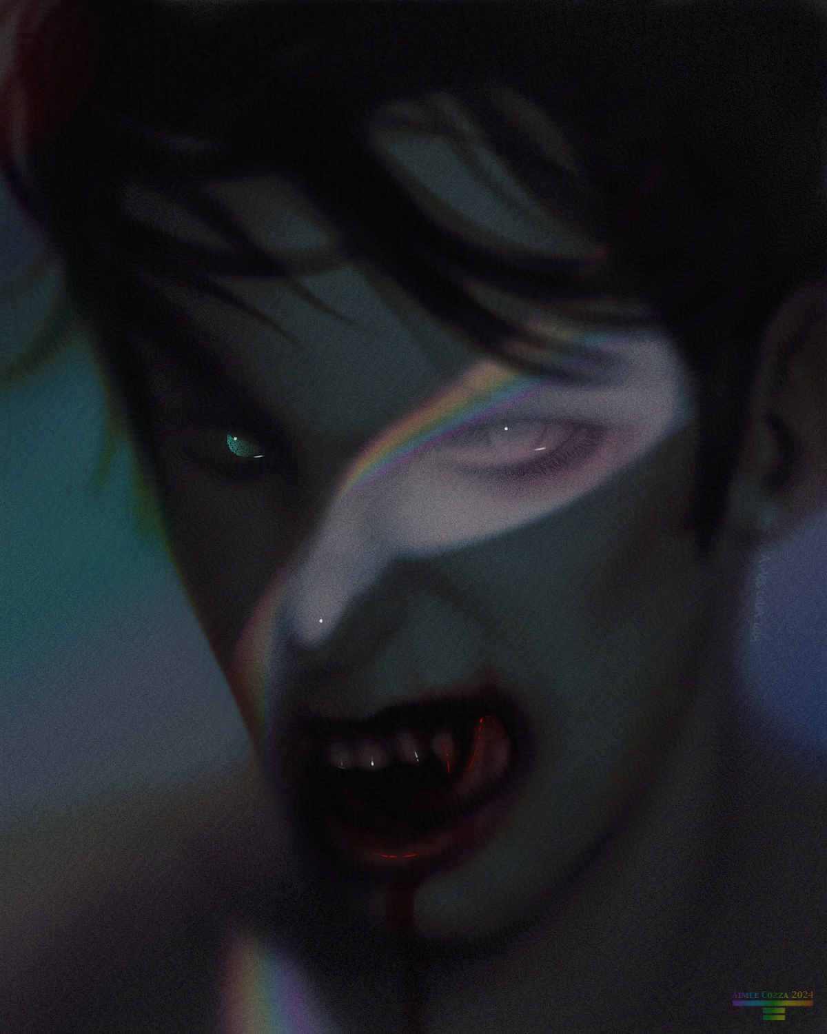 A portrait of a man's face which has a sliver of light cutting over it, and a spectrum of rainbow on that light. In the light, his face is normal. In the darkness of the shadows, you can see the aqua glow of tapetum lucidum in his shadowed eye, and he bears a fangy grin as he licks blood from his teeth.