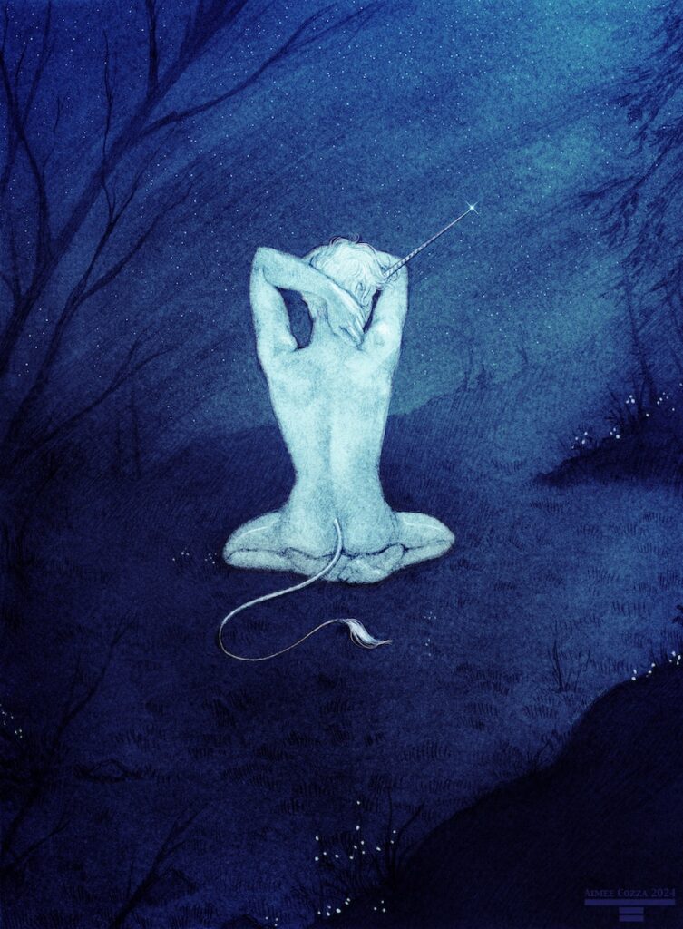 A nude man sitting in a meadow amongst the forest at night, viewer at his back. He is sitting on his haunches, stretching both arms upwards, and has a thin white unicorn horn emerging off his forehead, as well as a thin, whiplike unicorn tail.