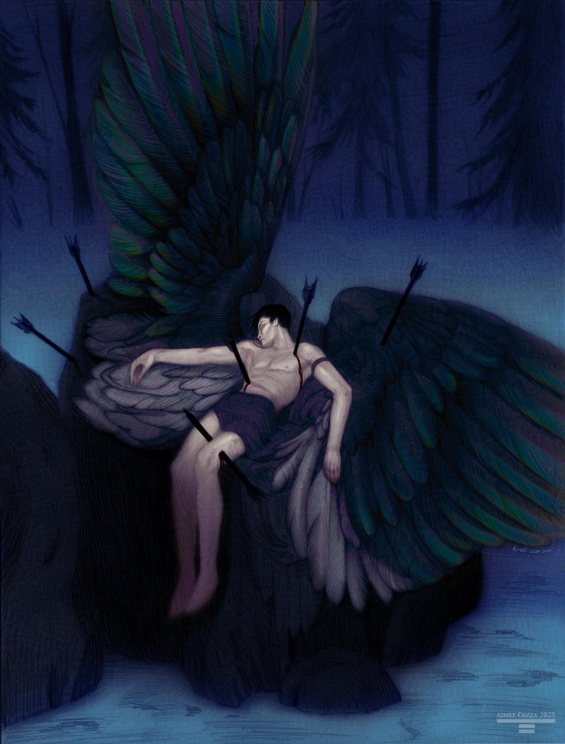 "The Lament for Icarus" by Herbert Draper, but different. A pale man with long black hair and large black and white wings lays sprawled across a chunk of rock, speared through by large black arrows where rivulets of red blood run from his wounds. It is night time so the piece is majority blue, snow on the ground, with the forest in the background.