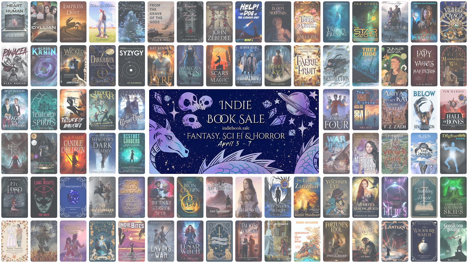 Multiple book covers spread across a landscape orientation composition with the text in the middle "indie book sale; indiebook.sale, fantasy, sci-fi, & horror, April 5-7"