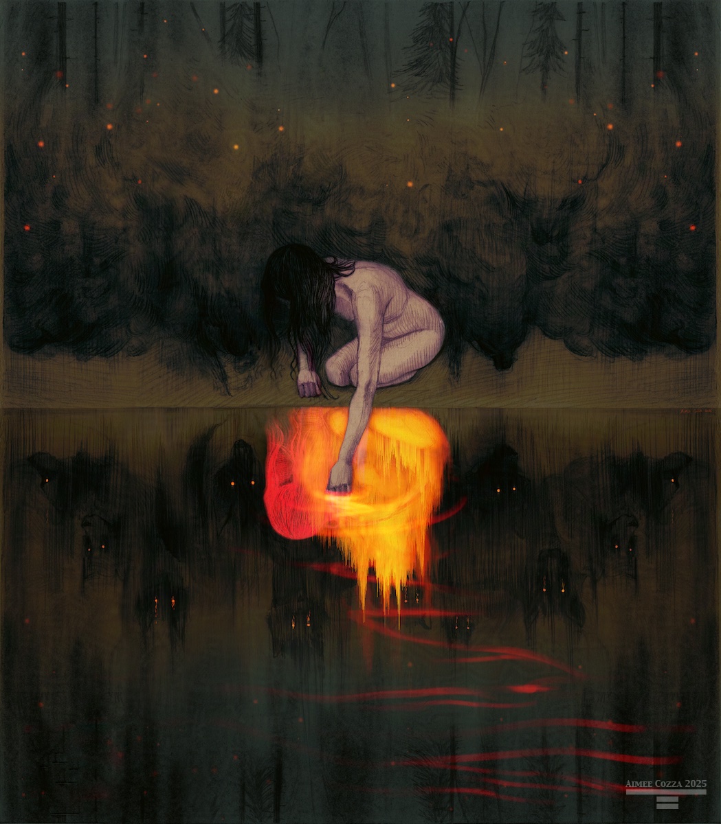 Illustration of a nude woman with black hair, kneeling by the edge of reflective water in the forest. On the top half, billows of smoke and embers surround her, but as revealed by the reflection, she is made of flame and the smoke clouds around her are dark wolves with burning embers for eyes.