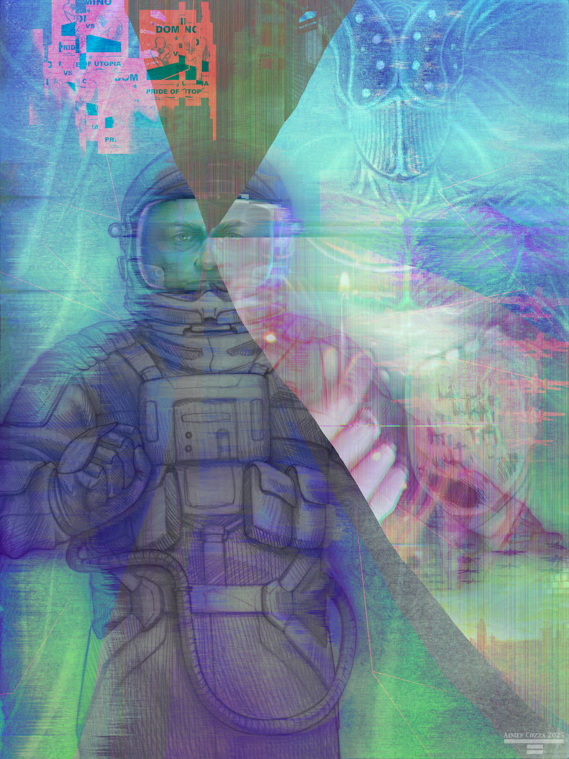 A majority blue/green/purple drawing of an astronaut coming towards the viewer. The edges of him are glitched and blurred. A creature lurks behind him. The screen from which we're looking at him is shattered and glitched, revealing show posters ("Dominic vs the pride of utopia"), a person holding a match, a military portrait, and a military parade of bomber planes.
