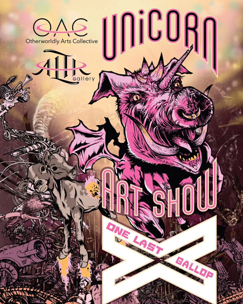 A large pink boar with a unicorn horn and tiny bat wings. Text over top reads "Unicorn art show" and "one last gallop".