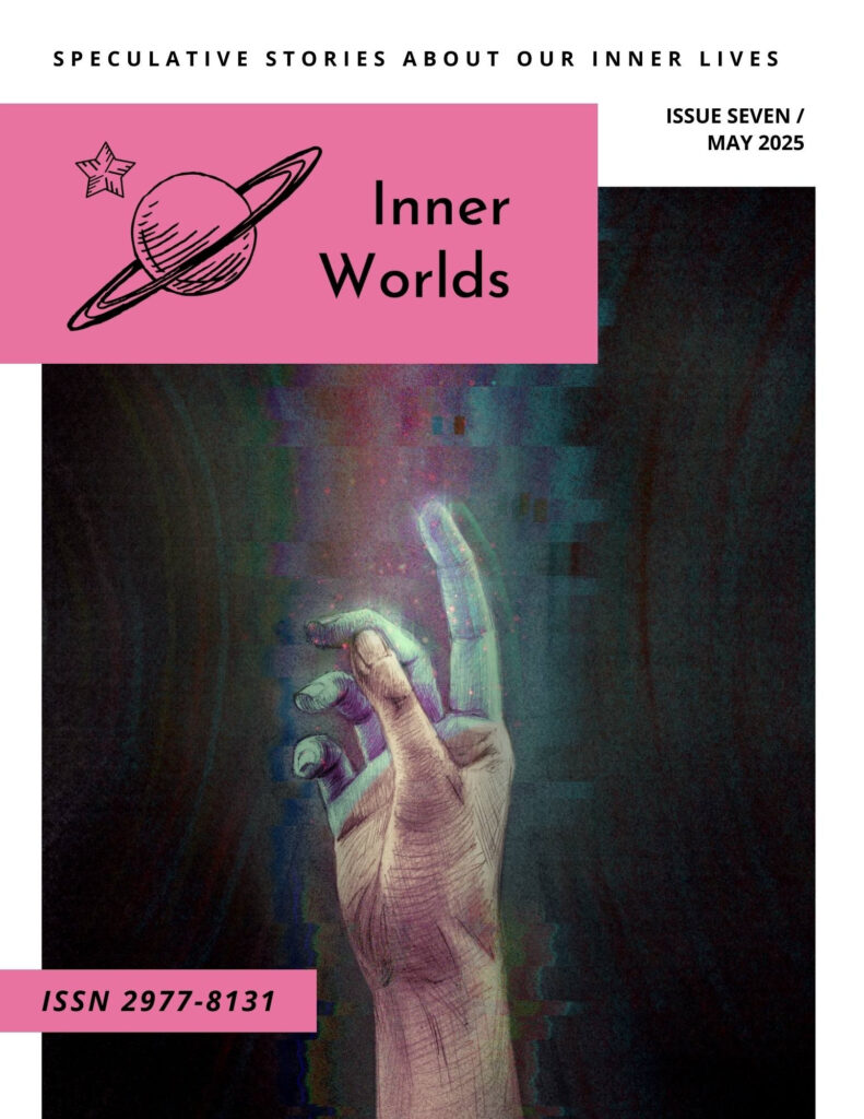 Magazine cover with pink masthead, featuring a drawing of a hand reaching upwards towards green light, against a glitchy black background.