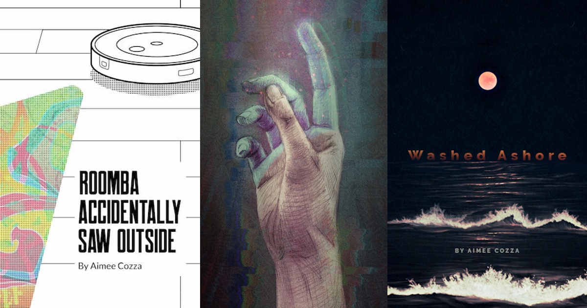 Multiple images in one featuring a hand, a shore, and a roomba vacuum.