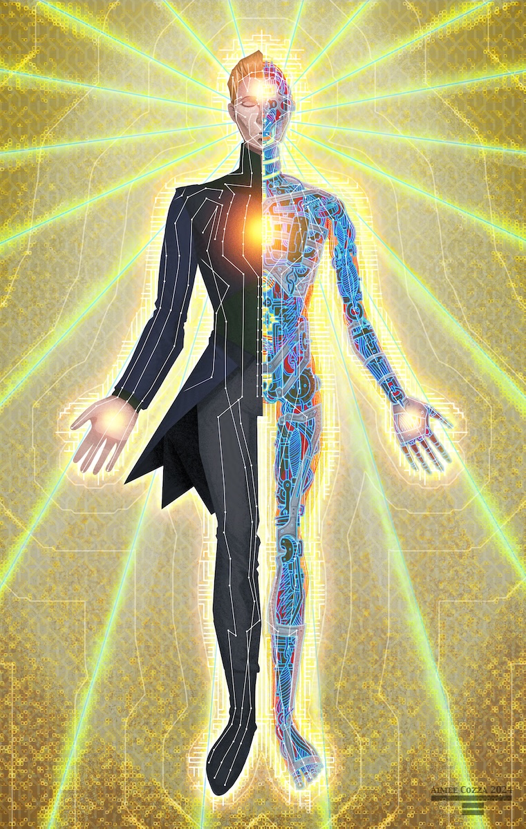Drawing of R. Daneel Olivaw, cut in half down the center, revealing cybernetics on the right side. He is holding his hands out and standing like an Alex Grey Chapel of Sacred Mirrors artwork, the background radiating gold from his head.