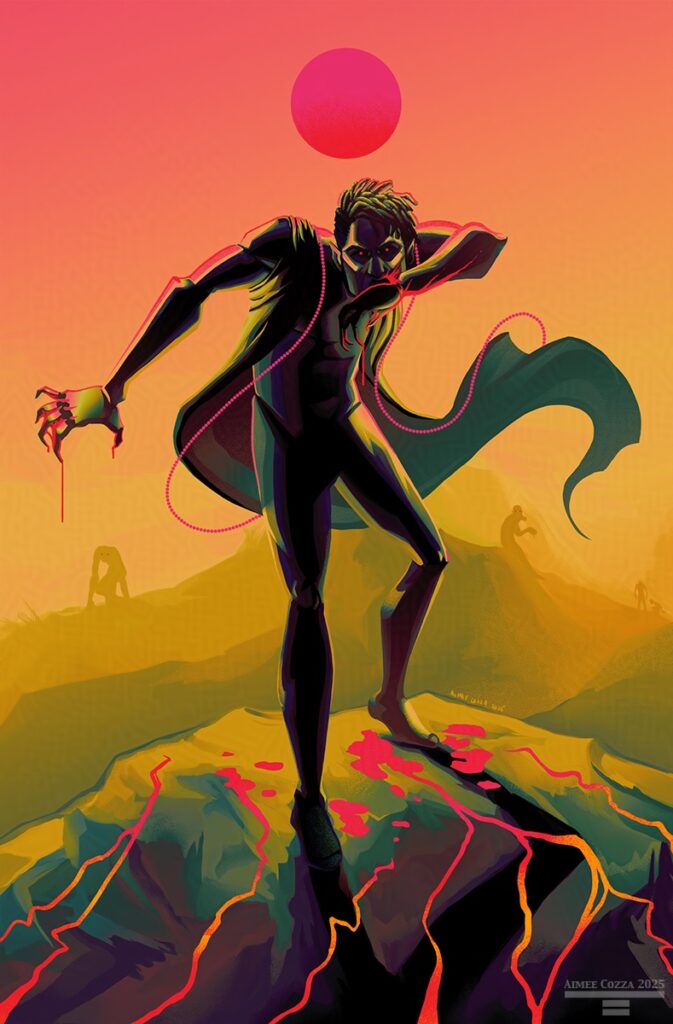 Multicolor digital art composition of a silhouetted man wearing a sleeveless cloak which is blowing in the wind. He's standing on a rocky mountain top, wiping blood away from his mouth with his clawed hand. Blood is pooled by his feet and running down the crag. In the background are many more silhouettes of vampires like this on the various peaks of the landscape.