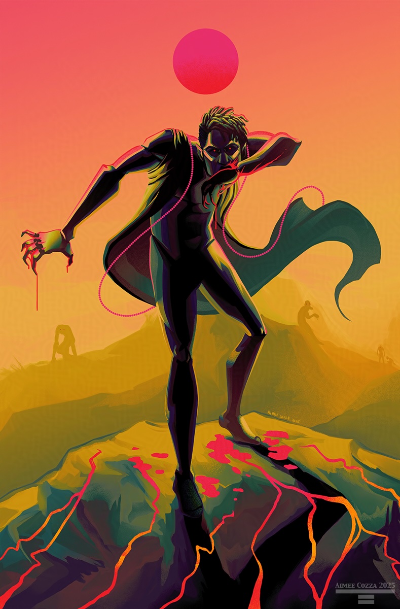 Multicolor digital art composition of a silhouetted man wearing a sleeveless cloak which is blowing in the wind. He's standing on a rocky mountain top, wiping blood away from his mouth with his clawed hand. Blood is pooled by his feet and running down the crag. In the background are many more silhouettes of vampires like this on the various peaks of the landscape.