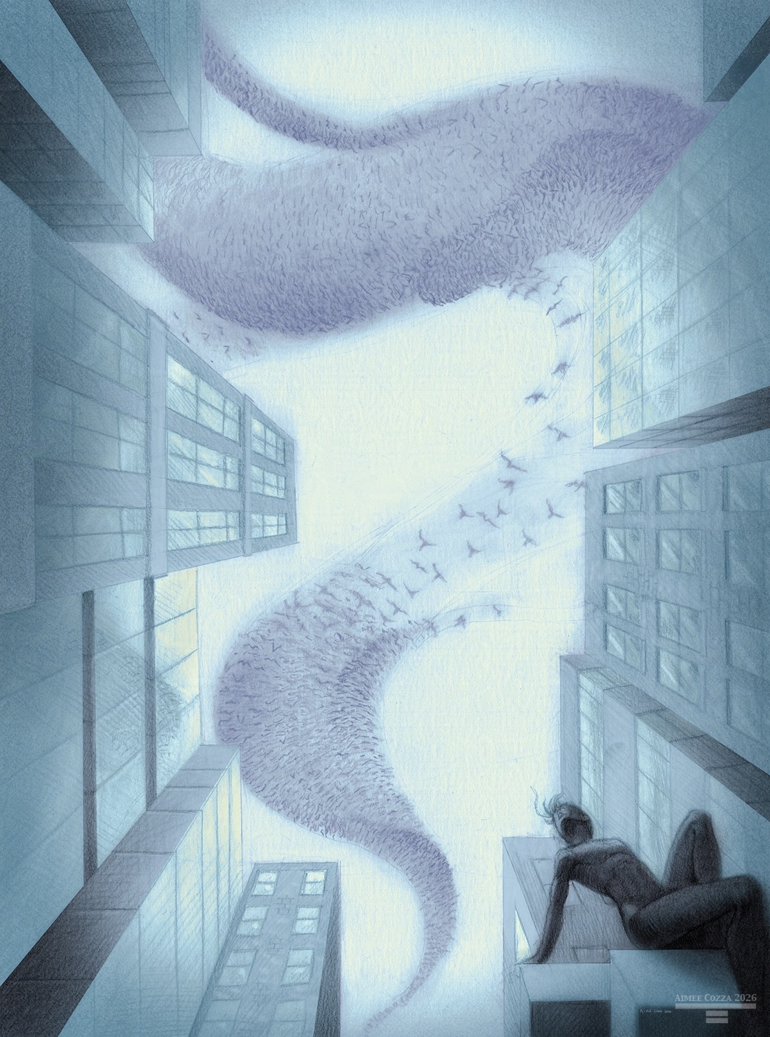 Blue and naples yellow graphite illustration of a murmuration of birds twisting through a city, from the perspective of looking up through street, surrounded by city buildings. A person is sitting in the lower right corner, looking up at the murmuration passing overhead.