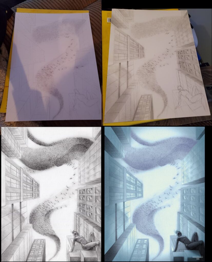 Multiple in progress shots from sketch to completion. Blue and naples yellow graphite illustration of a murmuration of birds twisting through a city, from the perspective of looking up through street, surrounded by city buildings. A person is sitting in the lower right corner, looking up at the murmuration passing overhead.
